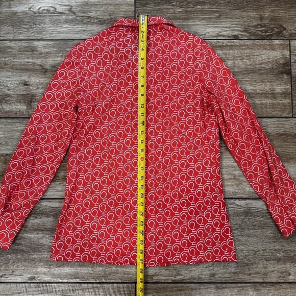 70s Import Corner Red White modernist Geo Print polyester blouse S/M - Picture 6 of 13